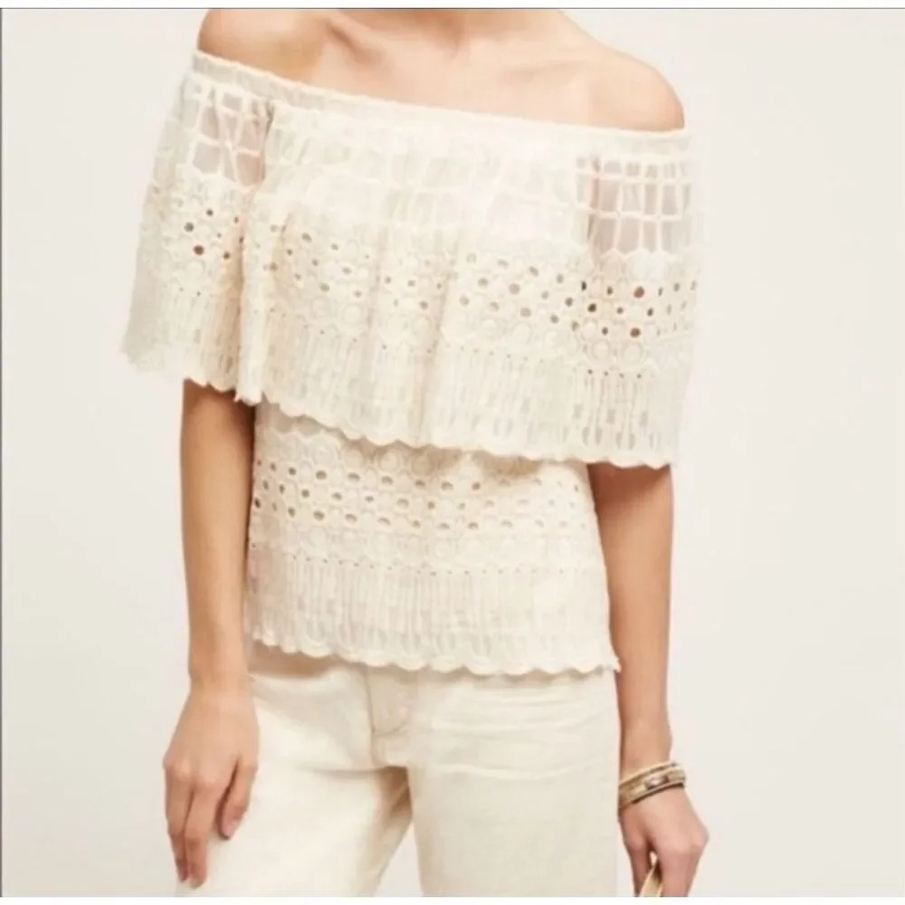 HARLYN x ANTHROPOLOGIE | Ivory Lace Off Shoulder Eyelet Boho | Size‎ XS